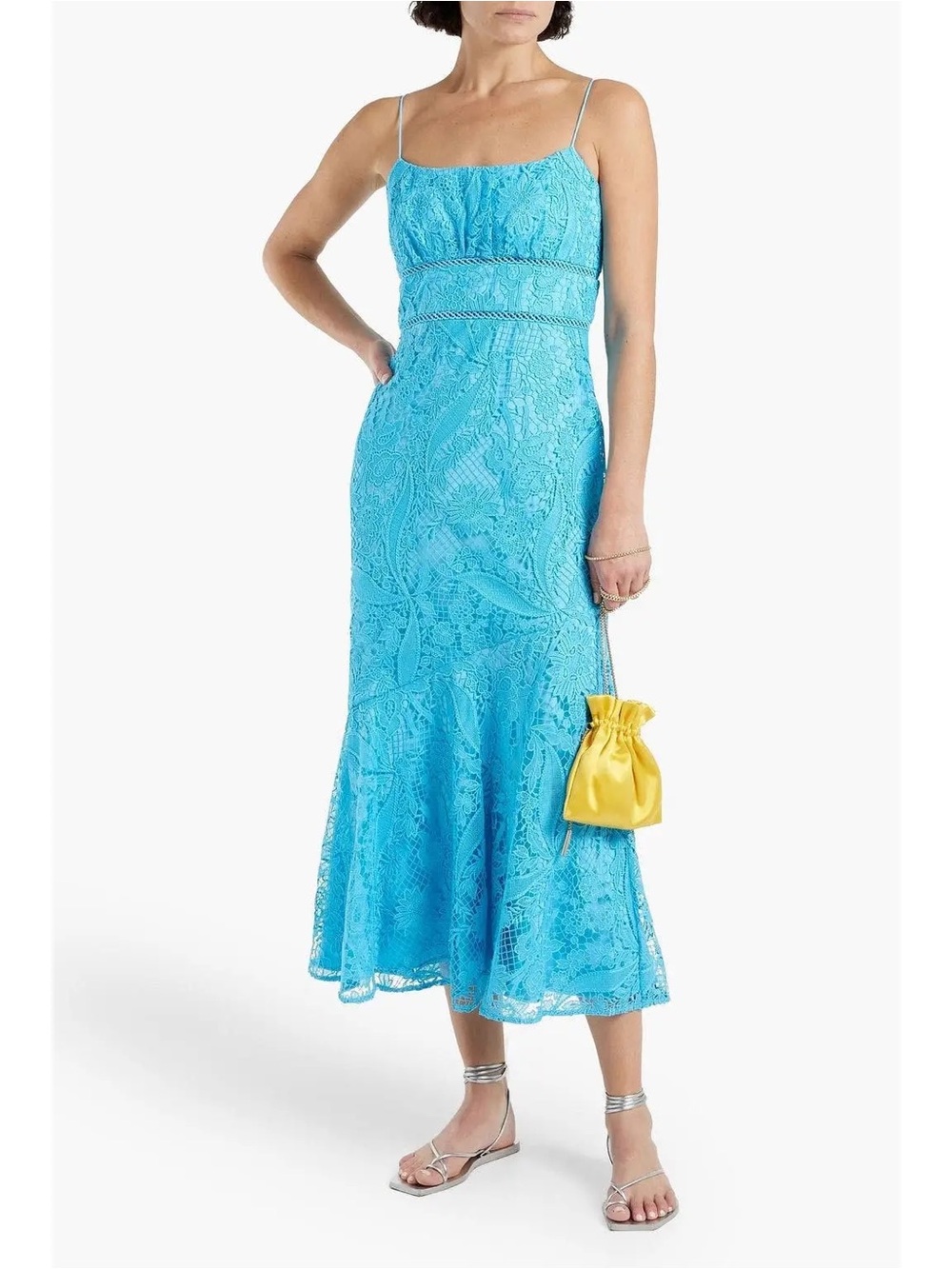 Monique Lhuillier Turquoise Lace Spaghetti-Strap Midi Dress